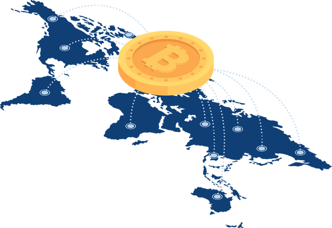 Bitcoin-Netzwerk auf der Weltkarte  Illustration
