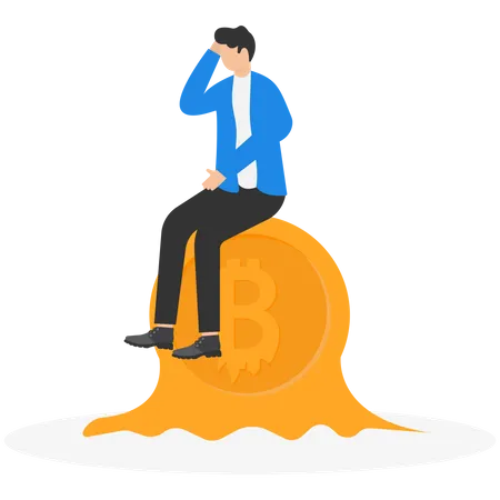 Bitcoin Or Cryptocurrency Price Falling Down Wrong Speculation In Digital Assets Cause Investors To Lose Money Fluctuation And Uncertainty Concept Depressed Businessman Sitting On Melting Bitcoin イラスト