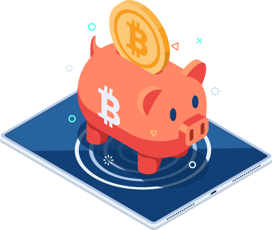 Bitcoin Piggy Bank on Digital Tablet  일러스트레이션