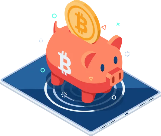 Flat 3 D Isometric Bitcoin Piggy Bank On Digital Tablet Bitcoin Saving And Cryptocurrency Hardware Wallet Concept イラスト