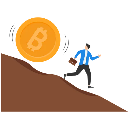 Bitcoin Price Falling Down Sharply Put Investors In A Dilemma Extremely High Cryptocurrency Volatility Concept Businessmen Run Away Unexpectedly From Big Bitcoins Rolling Down A Mountain Slope Illustration