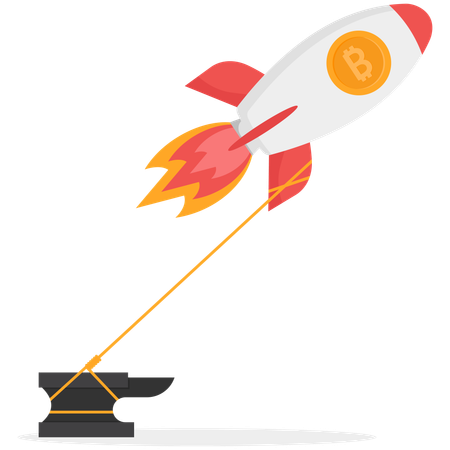 Bitcoin rocket chained to large anchor  Illustration