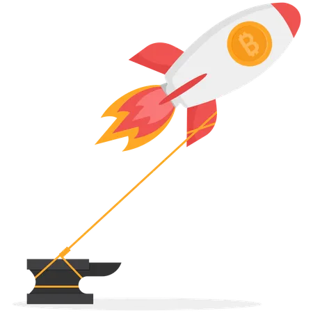 Bitcoin rocket chained to large anchor  Illustration