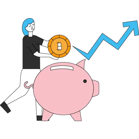 The Girl Is Putting A Bitcoin In Piggy Bank Illustration