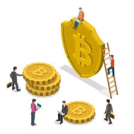 Bitcoin Security Isometric Flat Vector Concept People Are Walking Near Shield With Bitcoin Sign And Digital Coins Safe Transaction Protected Transfer Illustration