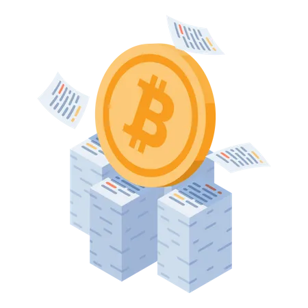 Flat 3 D Isometric Bitcoin On Tax Document Stack Bitcoin Tax And Cryptocurrency Concept Illustration