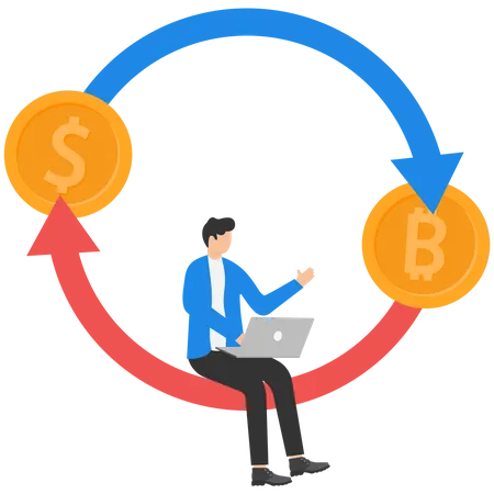 Bitcoin To Dollar Icon Concept Money Conversion Flat Vector Illustrations 일러스트레이션