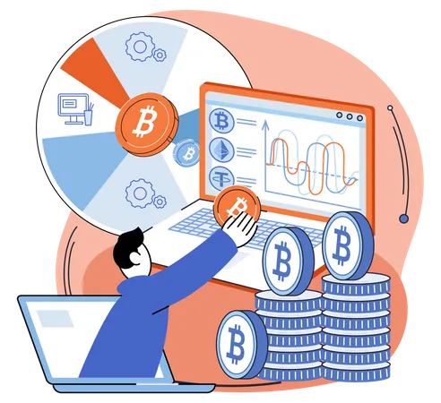 Concept Of Bitcoin Mining Blockchain Network Technology Initial Coin Offering And Cryptocurrency Man With Laptop Working In Bitcoin Mine Blockchain Transaction Technology Virtual Money Market Illustration