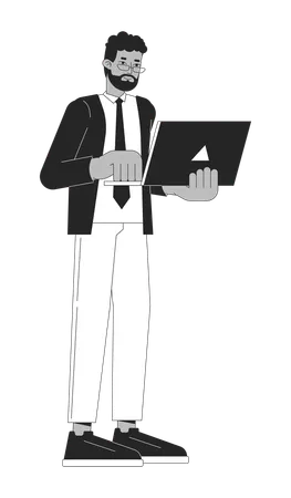 Black Adult Male Office Worker Holding Laptop Black And White 2 D Line Cartoon Character African American Man Employee Isolated Vector Outline Person Startuper Monochromatic Flat Spot Illustration 일러스트레이션