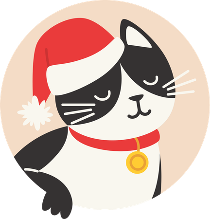 Black and White Cat in Santa Hat  Illustration