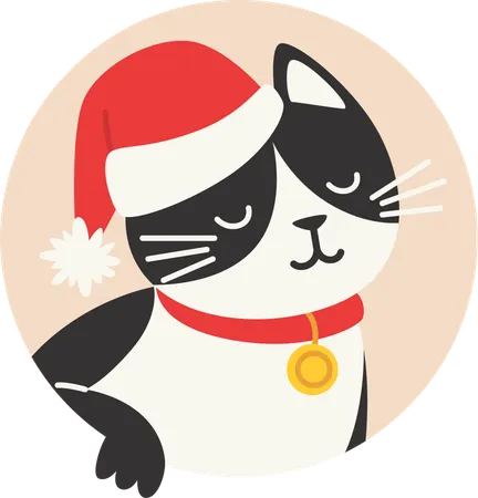 Black and White Cat in Santa Hat  Illustration