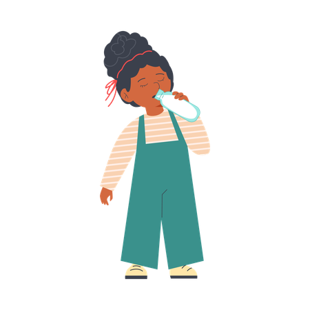 Black baby girl drink milk from a glass transparent bottle  Illustration