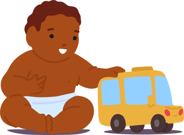 Black Baby Playing With Toy Car  Illustration