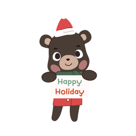 Black bear  in christmas outfit holding a happy holiday sign  Illustration