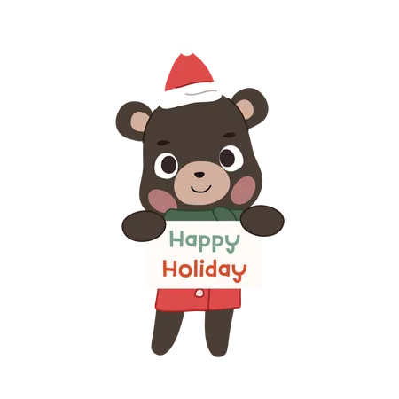 Black bear  in christmas outfit holding a happy holiday sign  Illustration