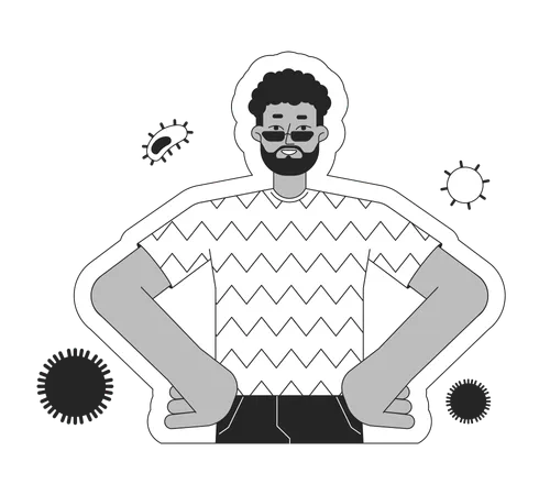 Black Bearded Man Protected From Infections Black And White 2 D Line Cartoon Character African American Happy Isolated Vector Outline Person Immunity Bacterias Monochromatic Flat Spot Illustration Illustration