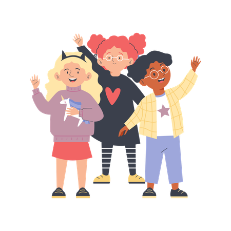 Black boy redhead curly girl with pigtails wearing glasses and blonde child in skirt waving hand  Illustration
