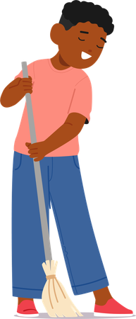 Black Boy Sweeping Floor With Broom  Illustration