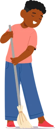 Black Boy Sweeping Floor With Broom  Illustration