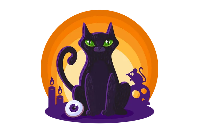 Black Cat For Halloween Card Or Poster Design Element Scary Cat As Template Sign For Party Decoration Or Invitation Sale Banners Cartoon Vector Illustration 일러스트레이션