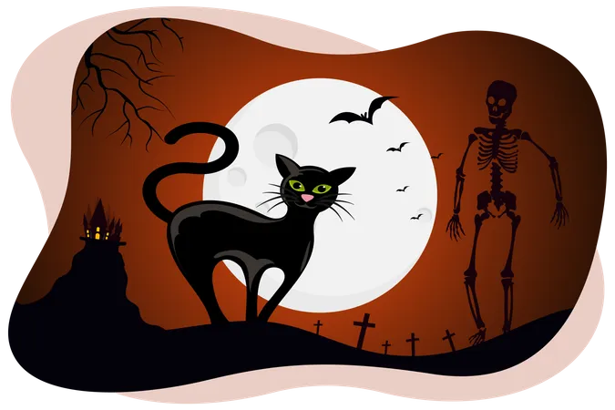 Black cat and man skeleton  Illustration