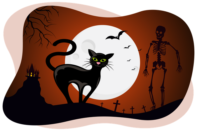 Black cat and man skeleton  Illustration