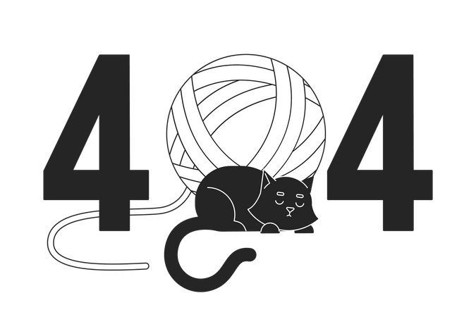 Black cat sleeping with yarn ball 404 flash message  일러스트레이션