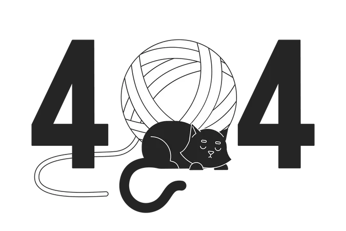 Black Cat Sleeping With Yarn Ball Black White Error 404 Flash Message Resting Cute Pet Monochrome Empty State Ui Design Page Not Found Popup Cartoon Image Vector Flat Outline Illustration Concept Illustration