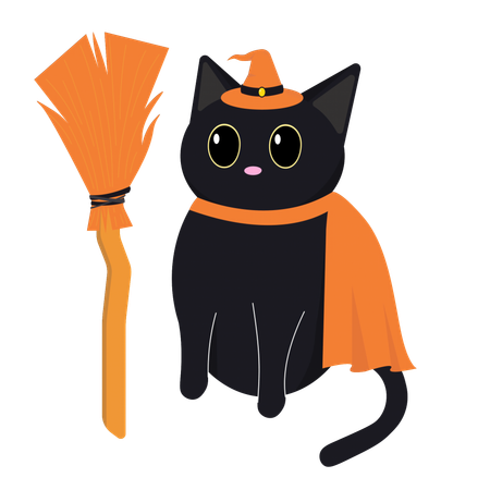 Black Cat with Witch Hat and Broomstick  Illustration