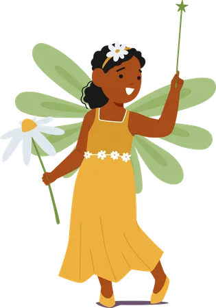 Black Child Character In Delicate Fairy Costume With Wand And Flower Little Girl Radiates Enchantment With Green Wings Yellow Gown And Headband Adorning Her Curls Cartoon People Vector Illustration Illustration