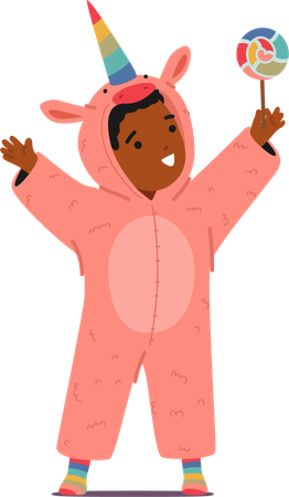 Black Child Joyfully Wears Unicorn-themed Kigurumi Pajama and Lollipop In Hand  Illustration