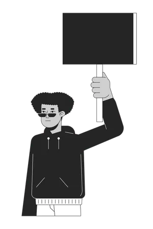 Black Male Demonstrator With Banner Flat Line Black White Vector Character Peaceful Protest Editable Outline Half Body Person Simple Cartoon Isolated Spot Illustration For Web Graphic Design Illustration
