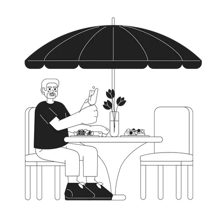 Elderly Guy At Patio Dining Restaurant Black And White 2 D Cartoon Character European Old Bearded Man Eating Dinner Isolated Vector Outline Person Toasting Glass Monochromatic Flat Spot Illustration Illustration