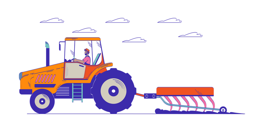 Black farmer riding tractor plowing field  Illustration