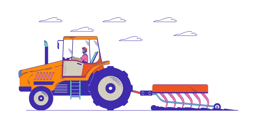 Black farmer riding tractor plowing field  Illustration