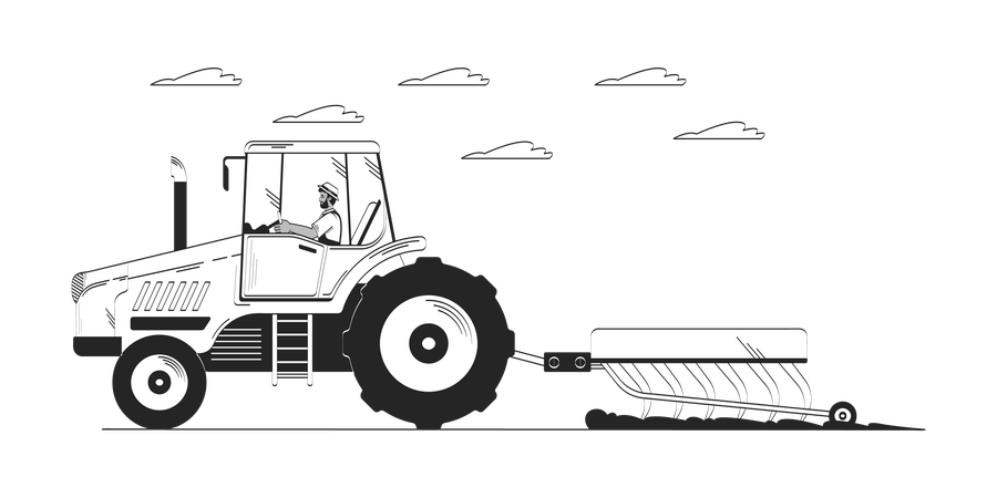 Black farmer riding tractor plowing field  Illustration