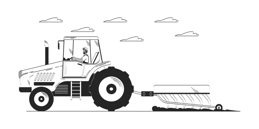 Black farmer riding tractor plowing field  Illustration