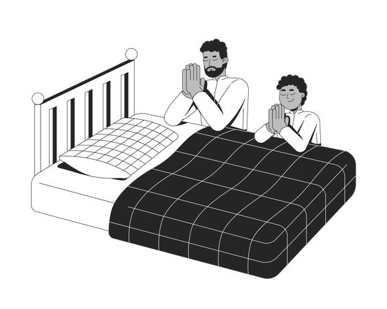 Black father son kneeling in prayer beside bed Illustration