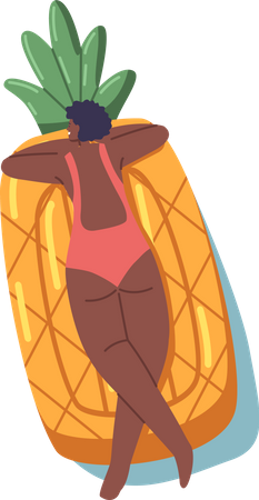 Black Female Floating On Inflatable Mattress In Shape Of Pineapple  Illustration
