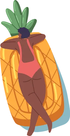 Black Female Floating On Inflatable Mattress In Shape Of Pineapple  Illustration