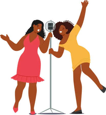 Black Female Friend Characters Gather Around Microphone In A Karaoke Bar Laughter Filling The Air Singing Their Hearts Out Cherishing The Joy Of Their Close Bond Cartoon People Vector Illustration Illustration