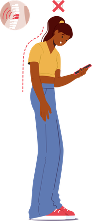 Black Female Hunched Over Their Phone With Curved Neck  Illustration