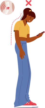 Black Female Hunched Over Their Phone With Curved Neck  Illustration