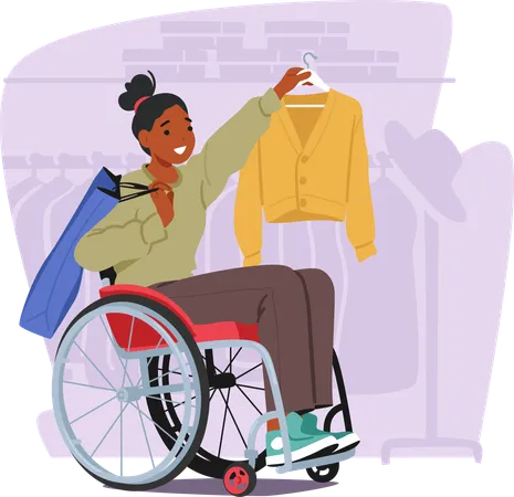 Black Female Character In A Wheelchair Gracefully Selects Stylish Clothing In Store Her Confidence Shining Inclusion And Accessibility Redefine Fashion Choices Cartoon People Vector Illustration Illustration