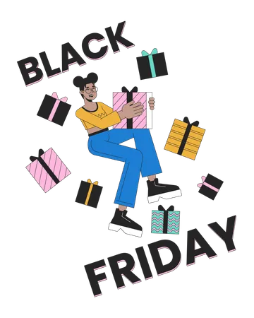 Black Friday Gifts 2 D Linear Illustration Concept Happy African American Shopper Holding Present Cartoon Character Isolated On White Weekend Deals Metaphor Abstract Flat Vector Outline Graphic Illustration