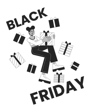 Black Friday Gifts Black And White 2 D Illustration Concept Happy African American Shopper Holding Present Cartoon Outline Character Isolated On White Weekend Deals Metaphor Monochrome Vector Art Illustration