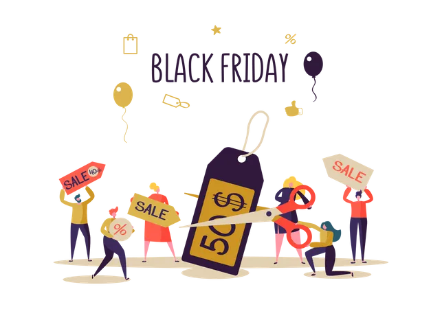 Black Friday Sale Event Flat People Characters On Shopping Big Discount Promo Concept Advertising Poster Banner Vector Illustration Illustration