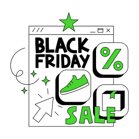 Liquidação de Black Friday com descontos em produtos e produtos verdes  Ilustração