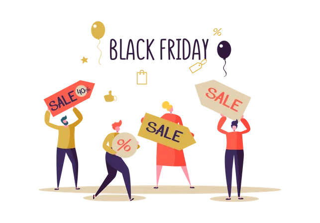 Black Friday Sale Event Flat People Characters With Price Tags On Shopping Big Discount Promo Concept Advertising Poster Banner Vector Illustration Illustration