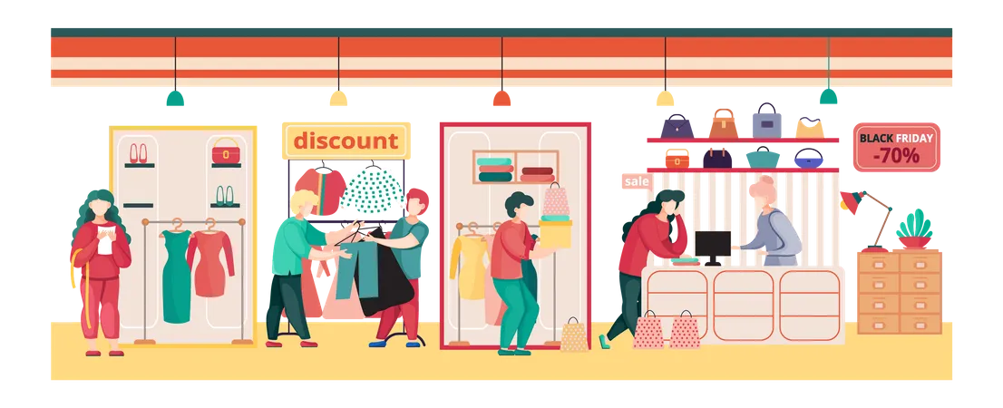 Black Friday sale in clothing store Illustration